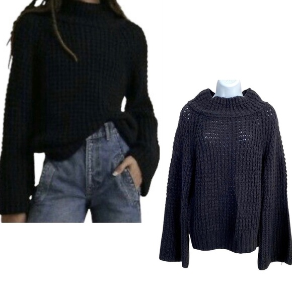 Maeve Black Sweater Chunky Waffle Wool-blend Oversized Relaxed Mock Neck XSP - Picture 1 of 9
